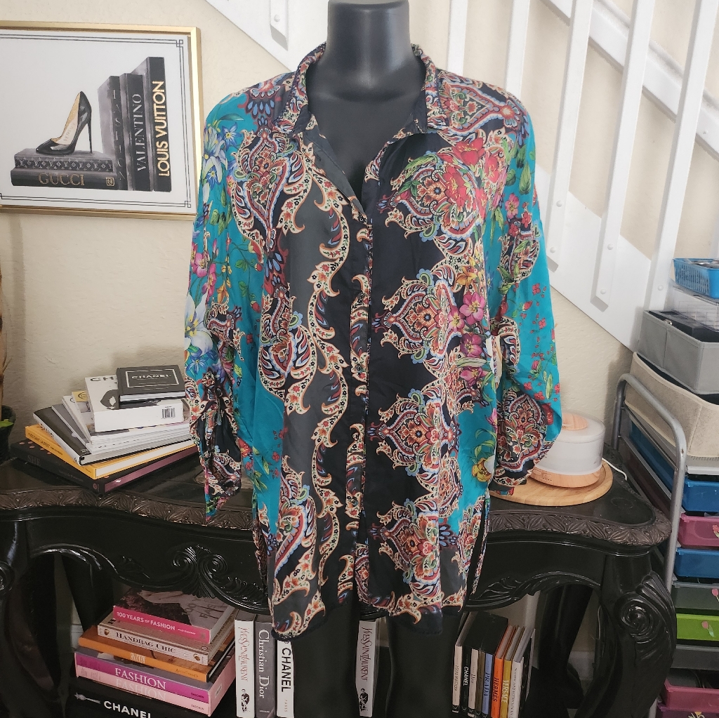 Johnny Was Paisley Print Silk Blouse Size M